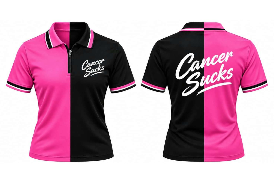 Cancer Sucks Zip Polo – Pink & Black Split
